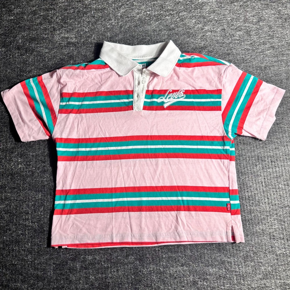Levis Kids Striped Polo Shirt Pink Red Green Logo Large 11-12 Yrs D17